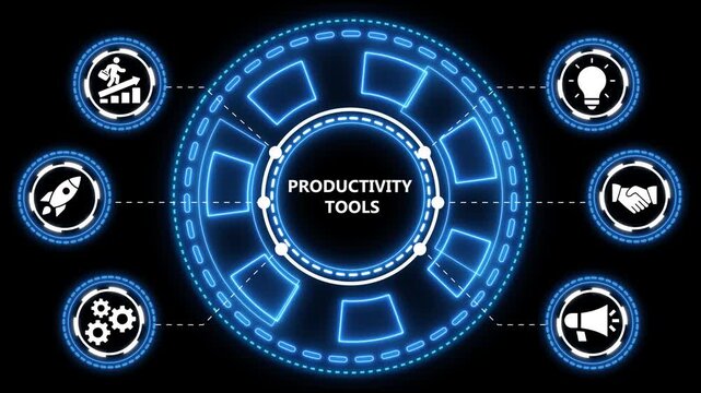 Animated graphic depicting productivity tools and business concepts on a black background