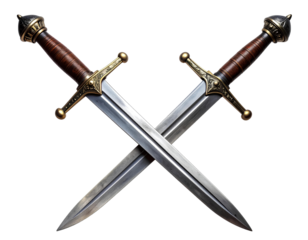 Dramatic close-up of two medieval swords crossed at the blades, sharp metallic reflections, intricate hilt details, isolated on transparent background