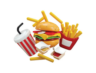 Fast food combo 3d render concept of burger, French fries with sauce and soft drink cup with straw icon on delicious food icon vector illustration