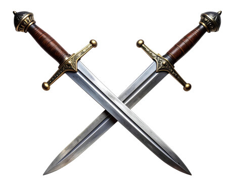 Dramatic close-up of two medieval swords crossed at the blades, sharp metallic reflections, intricate hilt details, isolated on transparent background