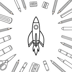 Hand drawn rocket ship surrounded by art and school supplies