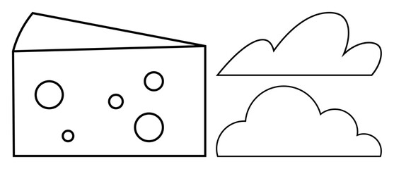 Cheese wedge with dotted holes next to two cloud figures. Ideal for food concepts, dairy, minimalism, weather ideas, creativity, simplicity, and dreamy aesthetics. Minimalist flat metaphor