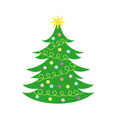 Cute playful Christmas tree in flat style with garlands and ornaments. Charming vector for Christmas cards, posters, and wrapping.