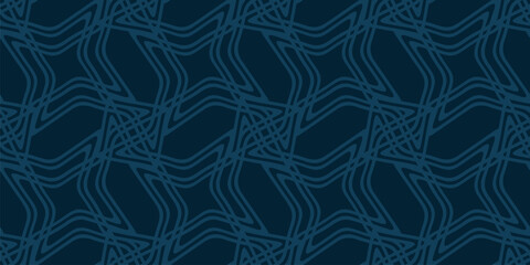 Vector seamless pattern with unusual star mesh and quirky linear lattice. Dark blue texture with flowing outline waves, curved grid net design. Elegant abstract background for interior, print, decor