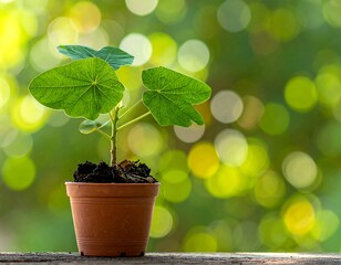 Small potted plant with vibrant green leaves set against a softly blurred, sunlit background of foliage