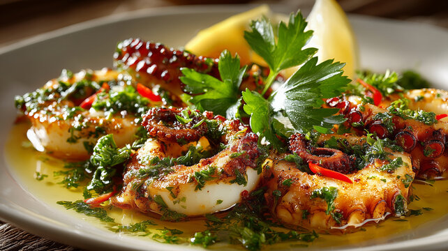 Savoring calamars a lail et au with fresh herbs and lemon