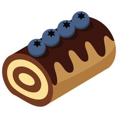 Chocolate sponge cake roll decorated with mixed berries and walnuts