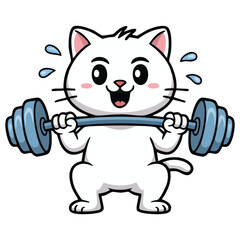 Adorable cartoon kitten lifting heavy weights at the gym