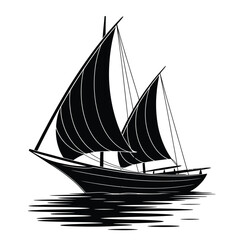 Black silhouette of a vintage sailing ship on water