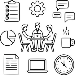 Workplace Productivity Outline Icon Collection Collaboration, Focus, and Efficiency Themes