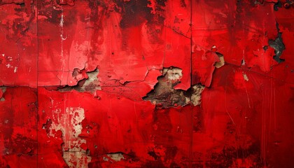 Fototapeta premium Abstract background of a weathered red surface with cracked and peeling paint, revealing a rustic and grunge texture