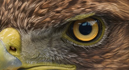 Closeup of an eagles face focusing on its piercing yellow eye and strong beak Feathers in brown tan  white texture the head