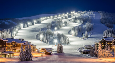 Illuminated ski resort at night with snow covered slopes and buildings