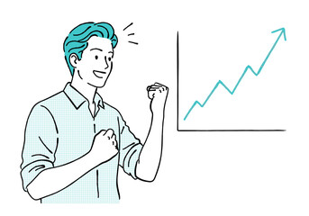 右肩上がりのグラフを見て喜ぶ男性ビジネスマンの線画イラスト,成功,業績アップ,ガッツポーズ,目標達成