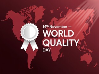 Celebrating world quality day on november 14th with a global map and award ribbon symbolizing excellence