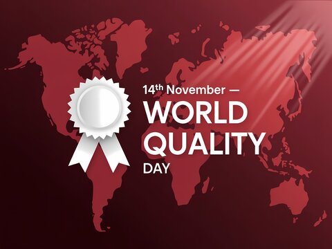Celebrating world quality day on november 14th with a global map and award ribbon symbolizing excellence