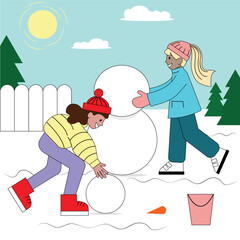 Winter Activity Two Girls build a Snowman on a Sunny Day Cartoon style Bright colors