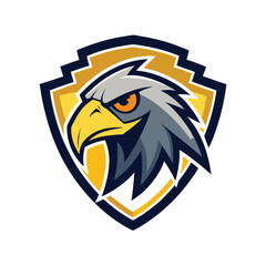 Fierce eagle head emblem with yellow and blue shield for sports teams or logos