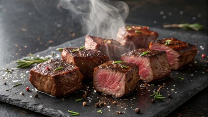 Sizzling juicy grilled beef steaks with rosemary steam rising for delicious gourmet dining
