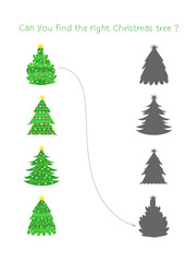 Christmas puzzle with tree silhouettes. Flat playful design for holiday activity books and learning materials.