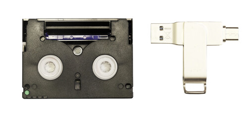 minidv tape and usb stick isolated on transparent background