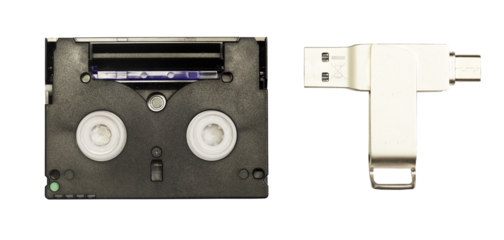 minidv tape and usb stick isolated on transparent background