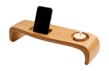 Bamboo bathtub bridge with candle holder and phone slot, perfect for a relaxing bath.