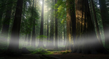 Obraz premium Sunlit Path Through a Misty Redwood Forest.