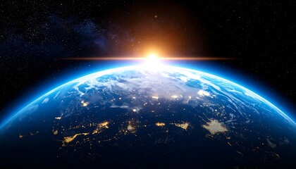 Obraz premium Shining light over curved Earth, with bright city lights glowing in the darkness, view from space, galaxy background