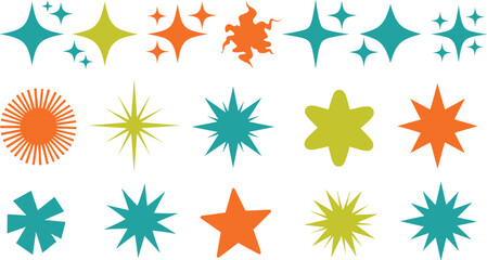 Vector illustration set of colorful retro star shapes, mid-century modern sparkles, and vintage atomic starburst icons isolated on a white background