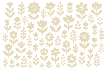 Folk art style flowers and leaves pattern on transparent background