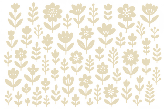 Folk art style flowers and leaves pattern on transparent background