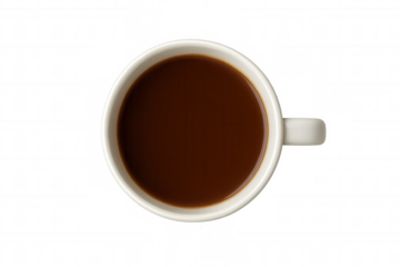 White coffee mug filled with espresso or black coffee, drinking beverage top view, transparent background