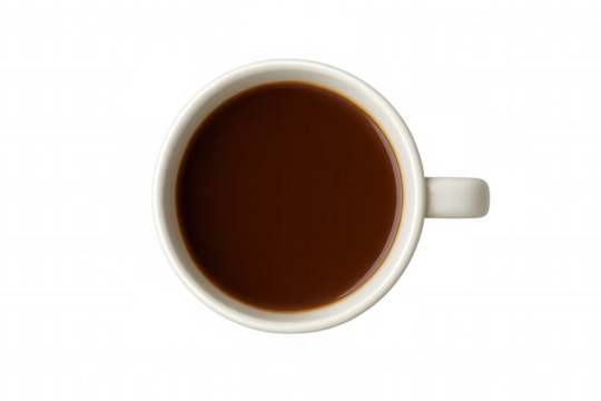 White coffee mug filled with espresso or black coffee, drinking beverage top view, transparent background