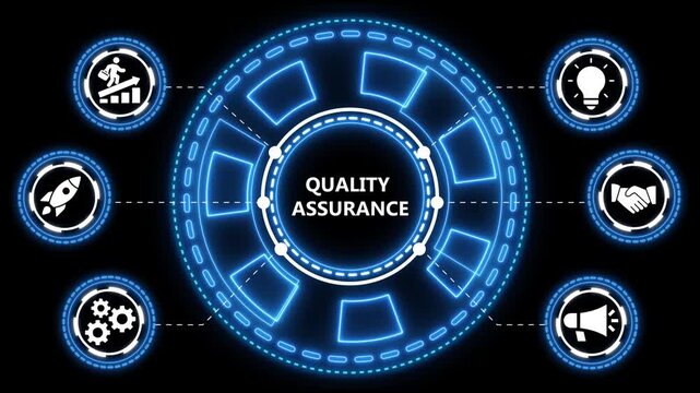 Animated quality assurance concept with glowing neon elements on black background