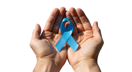 Close-up shows a person's hands holding and offering a light blue ribbon against a transparent background.