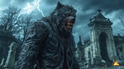 Fototapeta premium Terrifying werewolf roaring in stormy cemetery at night with lightning and dark clouds