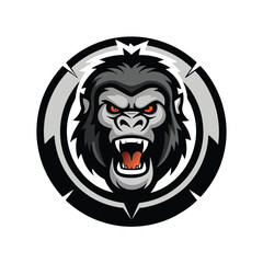 Fierce gorilla head emblem with intense red eyes and bared teeth