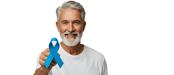 Middle-aged man holds and offers the blue ribbon, the international symbol of prostate cancer prevention.