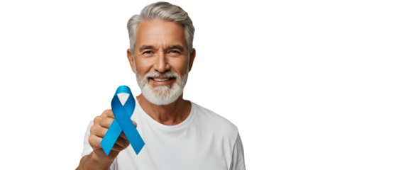 Middle-aged man holds and offers the blue ribbon, the international symbol of prostate cancer prevention.