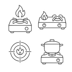 Four minimalist line drawings depict gas stoves and related items