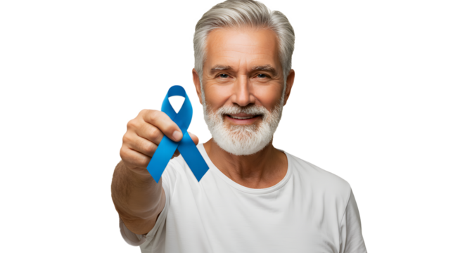 Middle-aged man holds and offers the blue ribbon, the international symbol of prostate cancer prevention.