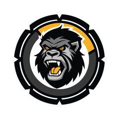 Fierce gorilla head emblem with aggressive roar and tribal circular border design