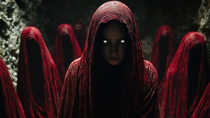 Enigmatic hooded figures in red robes with glowing eyes in a dark cave, mysterious cult ritual and supernatural theme