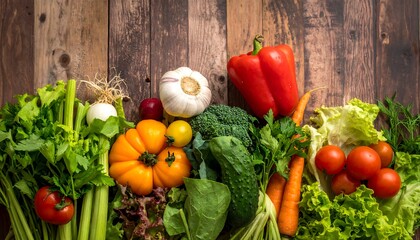 Assortment of fresh vegetables artfully arranged on wood