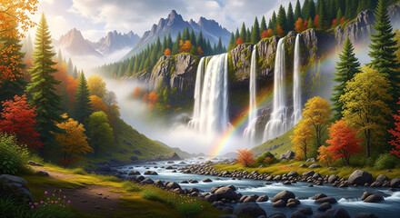 Serene mountain landscape featuring a stunning multi-tiered waterfall, colorful autumn foliage, and a beautiful rainbow