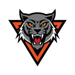 Fierce gray bobcat head with sharp teeth and orange triangle emblem