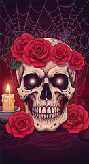 Skull with glowing eyes and red roses, candle-lit gothic illustration, spiderweb background vector, Day of the Dead inspired spooky design