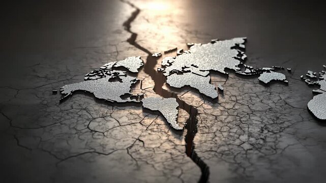 Crack on Earth map symbolizing economic crisis and modern world collapse, Fracture across globe representing global recession and societal decay 4k