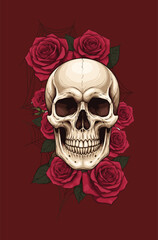 Realistic skull with red roses, gothic floral illustration, maroon background design, spooky spiderweb concept, life and death symbolism vector